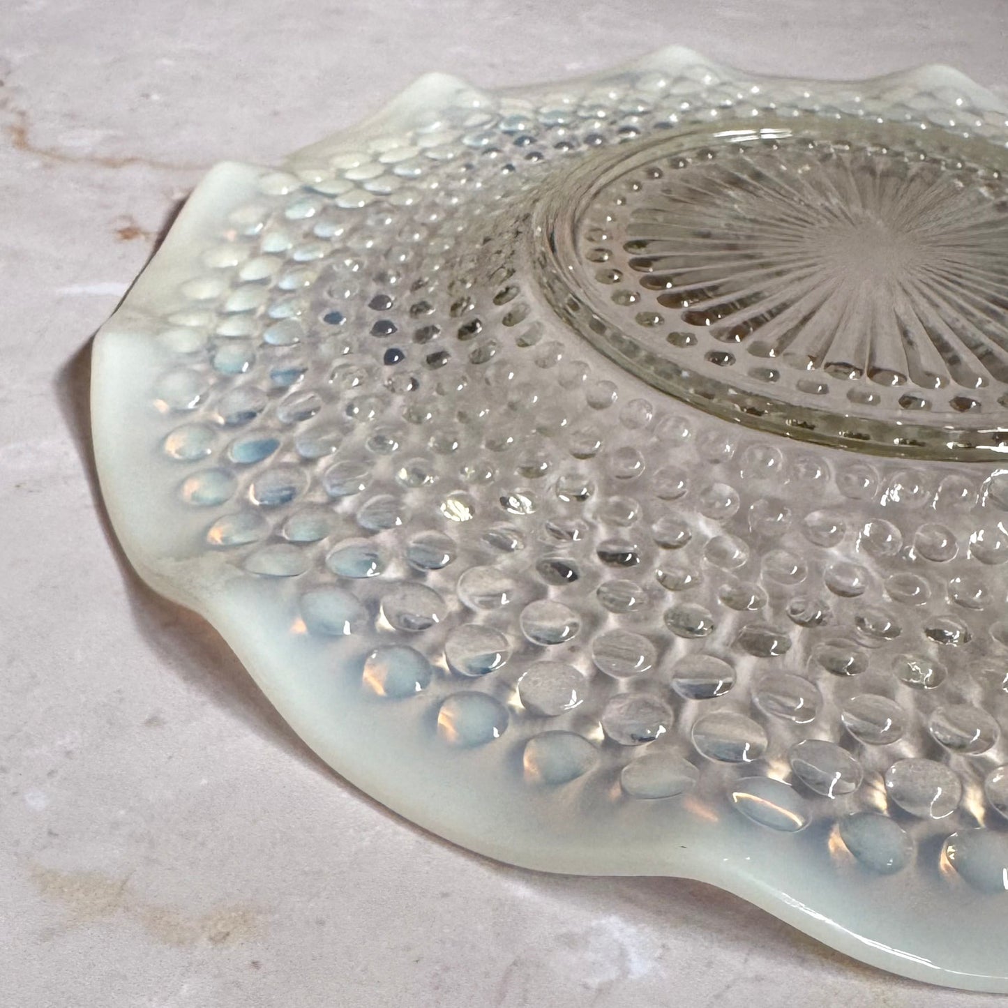 Vintage Fluttered Large Plate Platter | Moonstone Opalescent Hobnail | Anchor Hocking