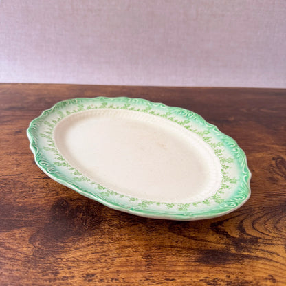 Antique Oval Serving Plate | Green Floral Border | Textured Scalloped Rim
