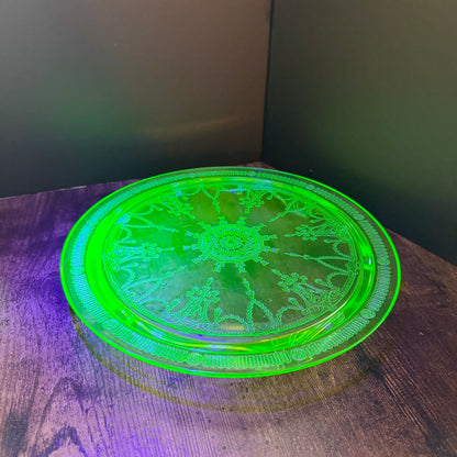 Vintage Anchor Hocking Cameo Ballerina Cake Plate | Green Uranium Glass