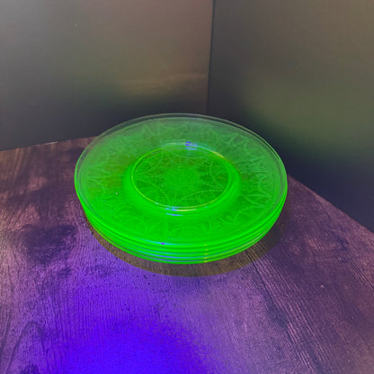 Set of 5 Vintage Anchor Hocking Cameo Luncheon Plates | Green Uranium Glass