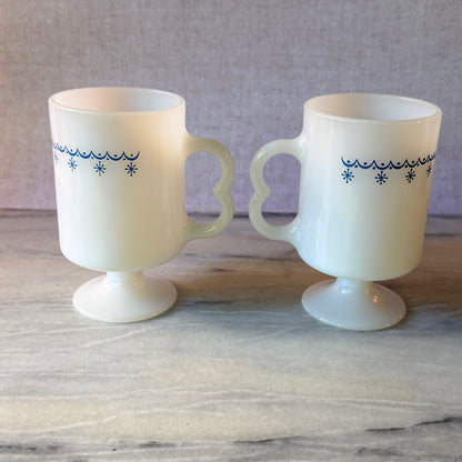 Vintage Snowflake Hot Cocoa Footed Mugs | Heat Proof Federal Glass Set of 2