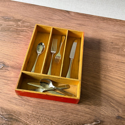 Vintage Wood Silverware Tray | Rustic Red