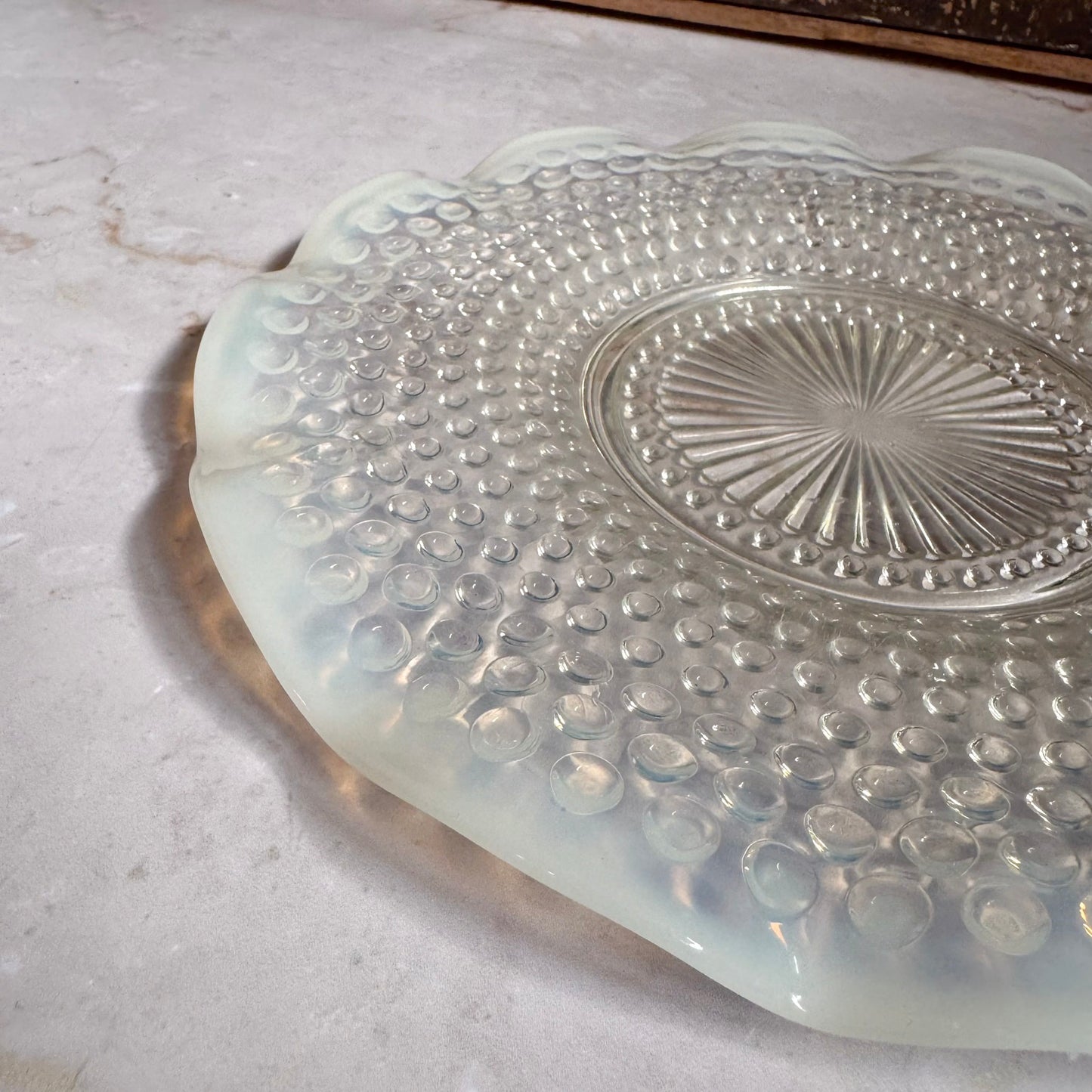Vintage Fluttered Large Plate Platter | Moonstone Opalescent Hobnail | Anchor Hocking