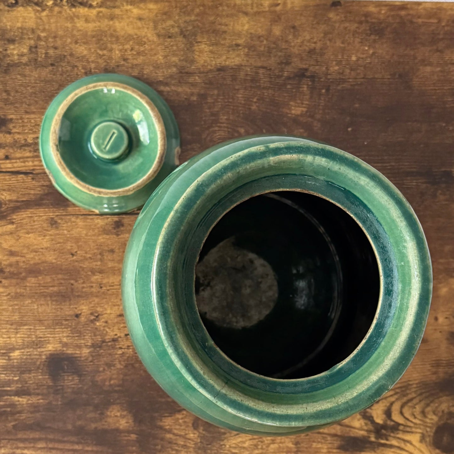 Vintage Stoneware Lidded Pickling Crock | Green Glaze
