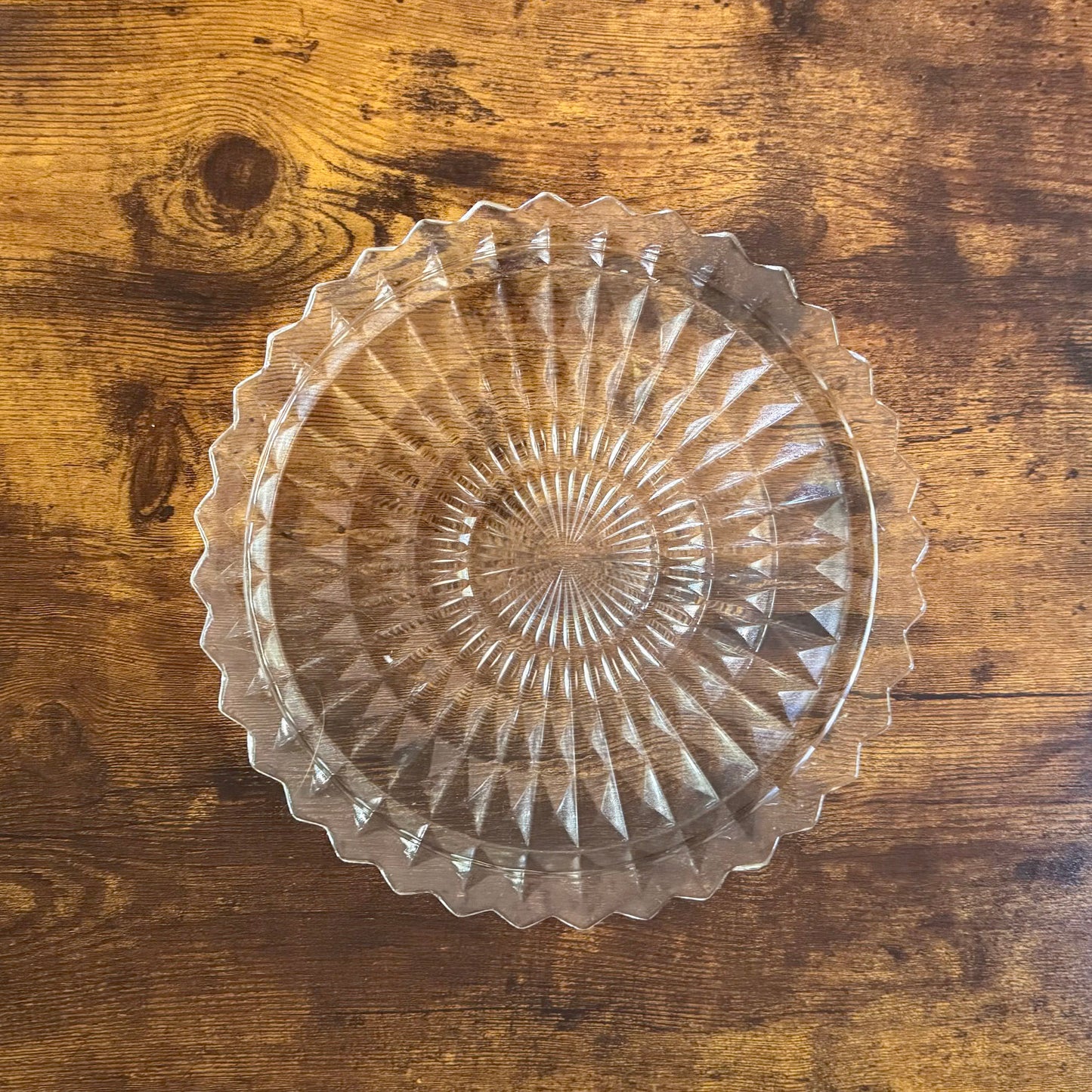 Vintage Cake Plate | Pressed Glass Sunburst | Art Deco Jeannette Windsor