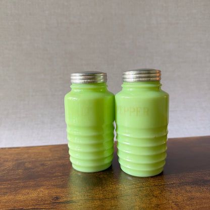 1930s Jeannette Beehive Jadeite Range Shakers | Uranium Glass | Set of 2