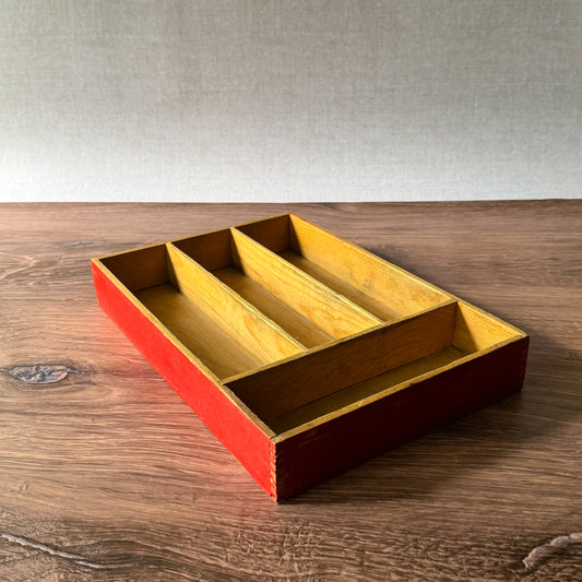 Vintage Wood Silverware Tray | Rustic Red