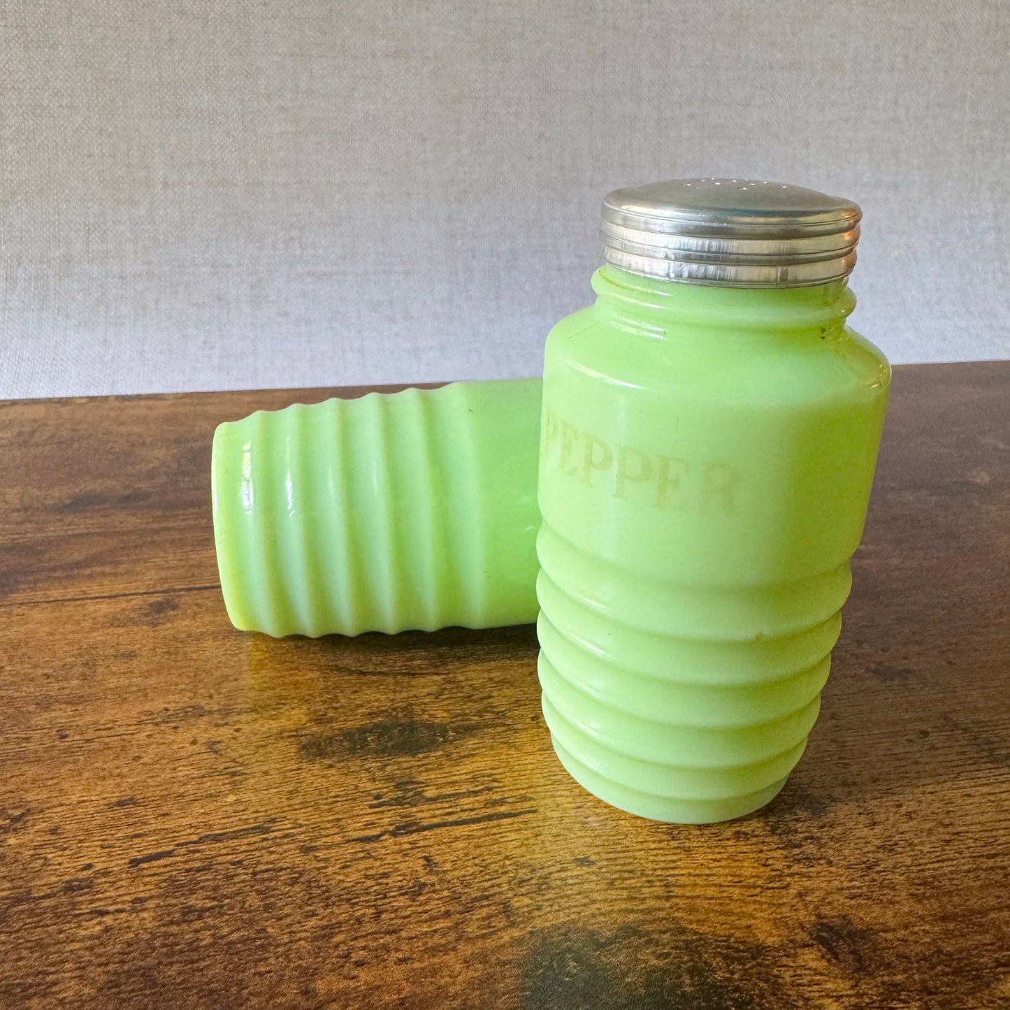 1930s Jeannette Beehive Jadeite Range Shakers | Uranium Glass | Set of 2