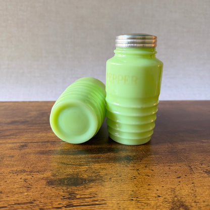 1930s Jeannette Beehive Jadeite Range Shakers | Uranium Glass | Set of 2
