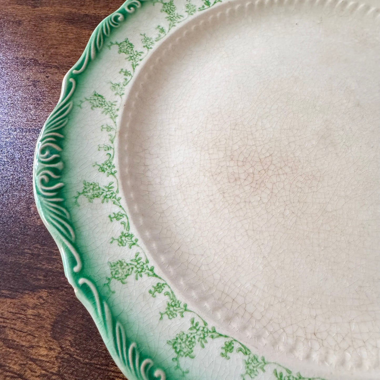 Antique Dinner Plate | Green Floral Border | Textured Scalloped Rim