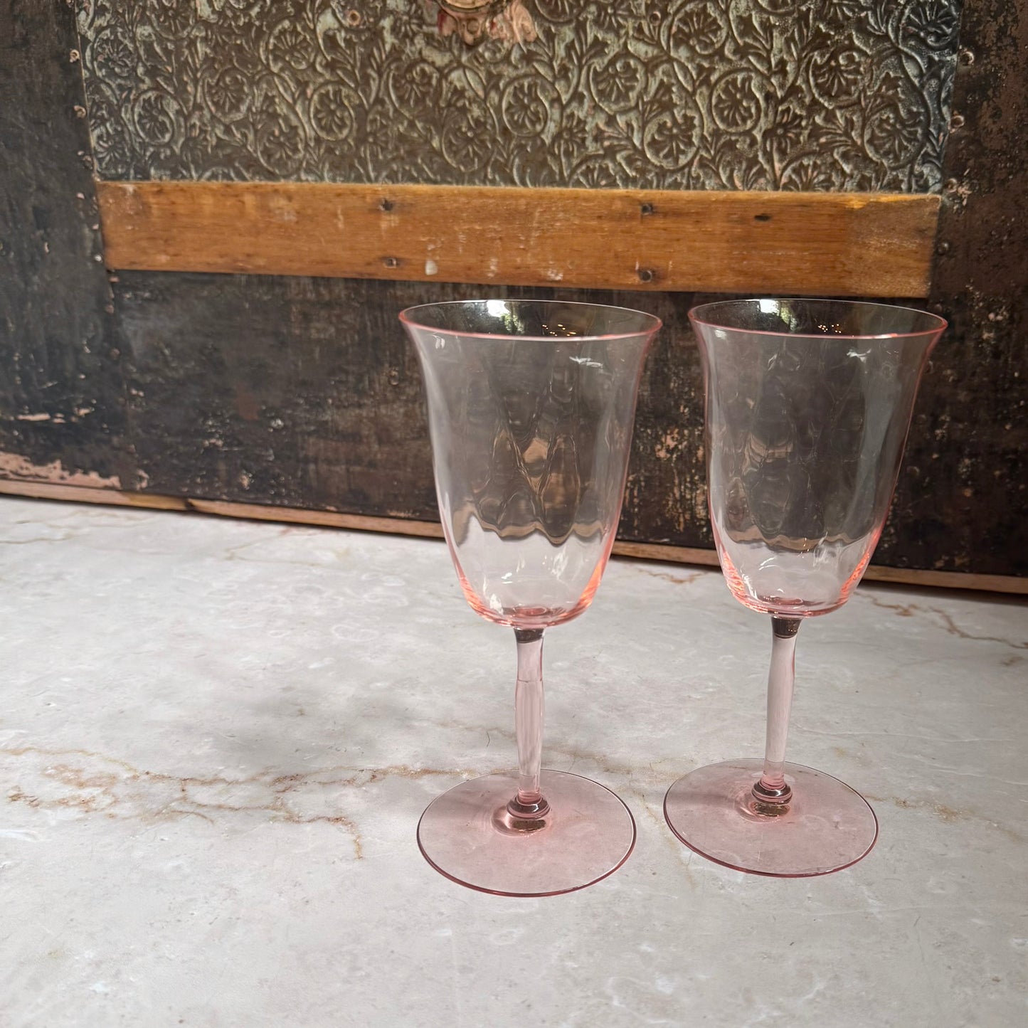 Vintage Diagonal Optic Wine Glasses (2) | Pink Depression 7.5 inch Glass