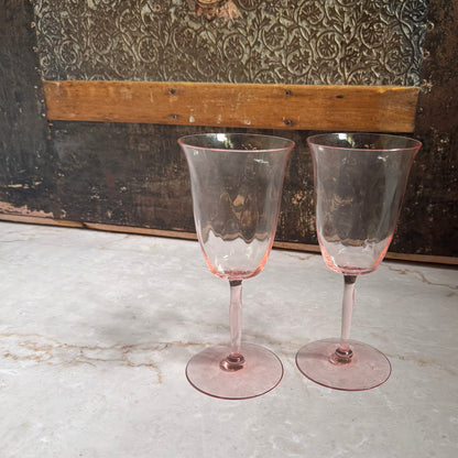 Vintage Diagonal Optic Wine Glasses (2) | Pink Depression 7.5 inch Glass