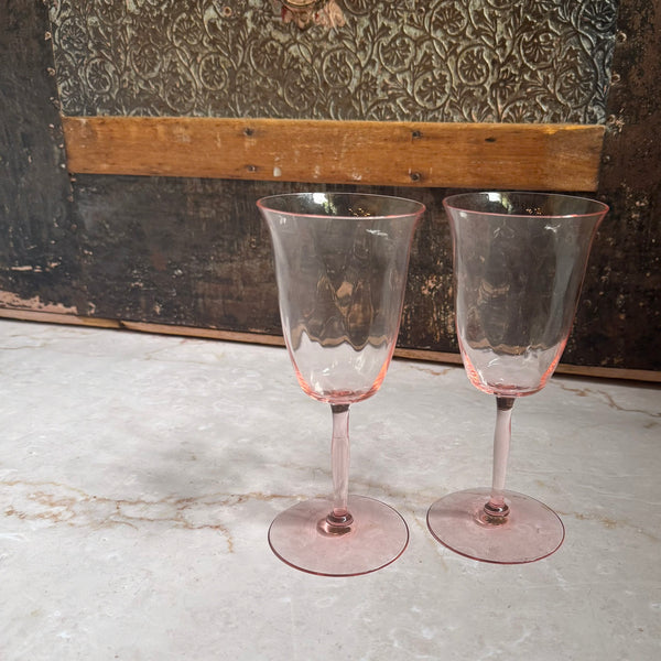 Vintage Diagonal Optic Wine Glasses (2) | Pink Depression 7.5 inch Glass
