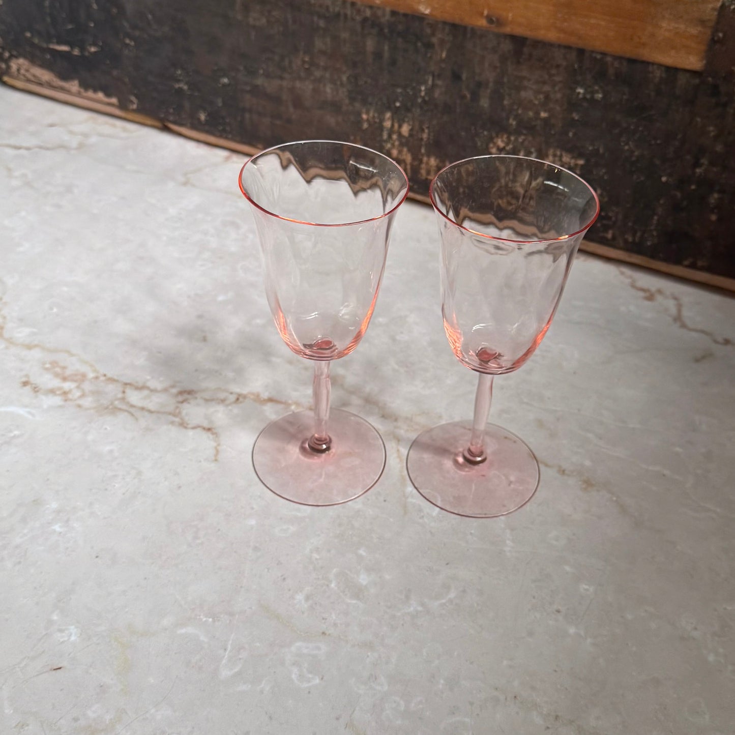 Vintage Diagonal Optic Wine Glasses (2) | Pink Depression 7.5 inch Glass