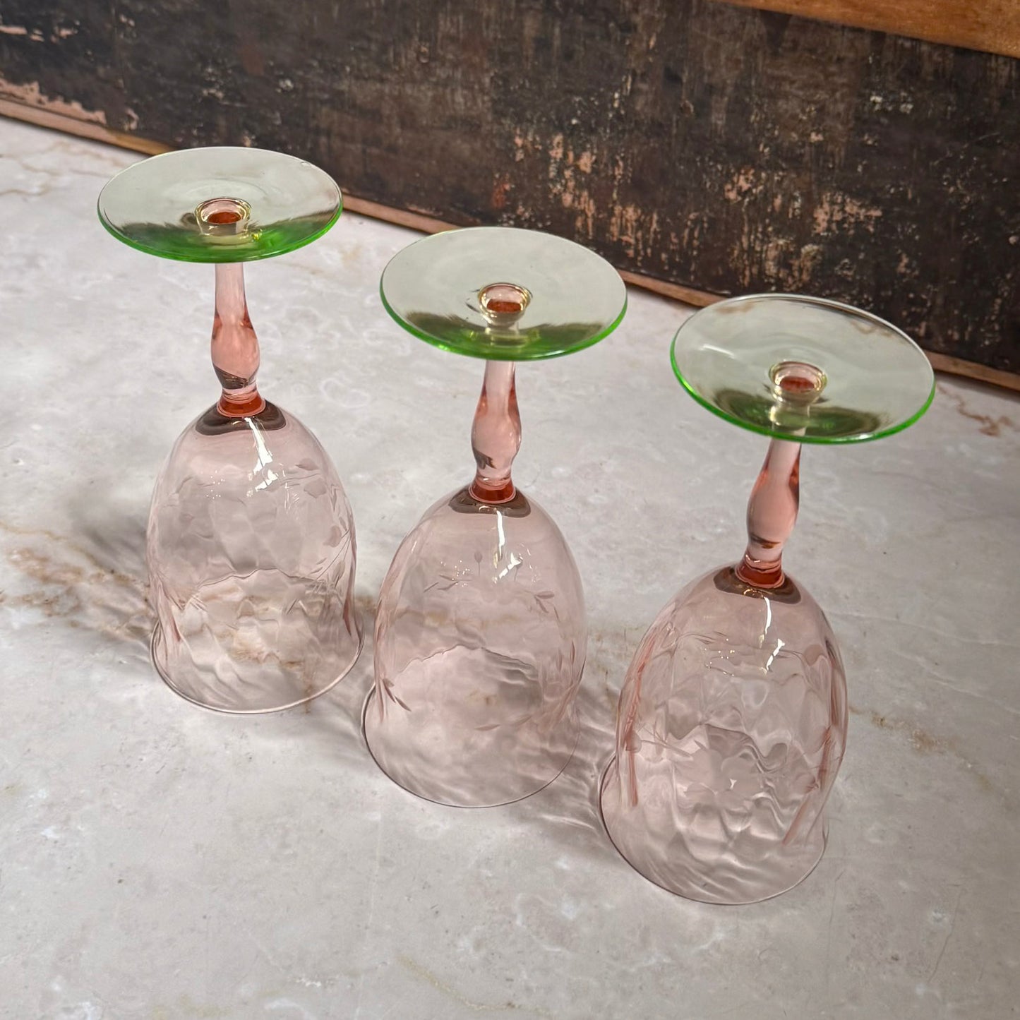 Vintage Etched Wine Glasses (3) | Pink and Green Depression Glass |  Weston Watermelon