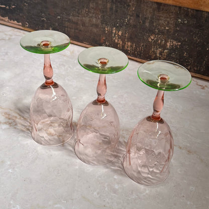 Vintage Etched Wine Glasses (3) | Pink and Green Depression Glass |  Weston Watermelon