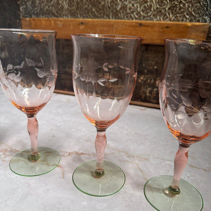 Vintage Etched Wine Glasses (3) | Pink and Green Depression Glass |  Weston Watermelon