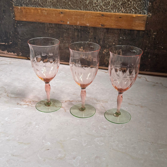 Vintage Etched Wine Glasses (3) | Pink and Green Depression Glass |  Weston Watermelon