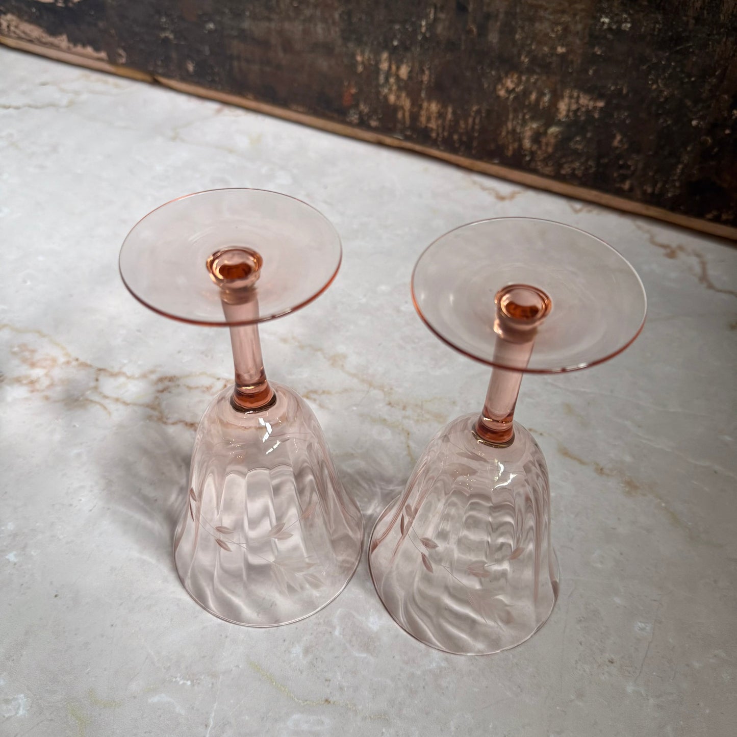 Vintage Etched Wine Glasses (2) | Pink Depression Glass