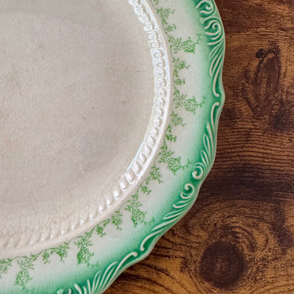 Antique Dinner Plate | Green Floral Border | Textured Scalloped Rim