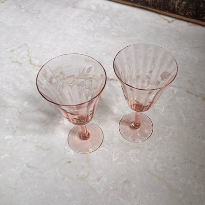 Vintage Etched Wine Glasses (2) | Pink Depression Glass