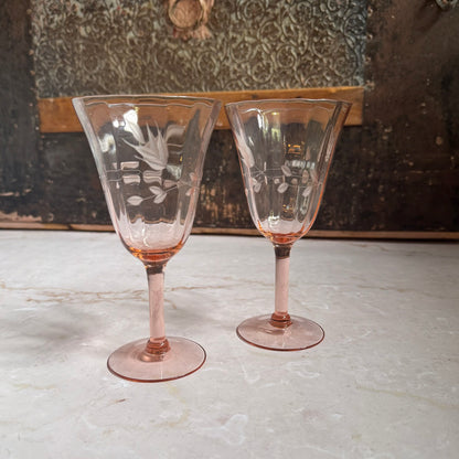 Vintage Etched Wine Glasses (2) | Pink Depression Glass