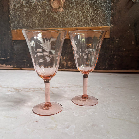 Vintage Etched Wine Glasses (2) | Pink Depression Glass