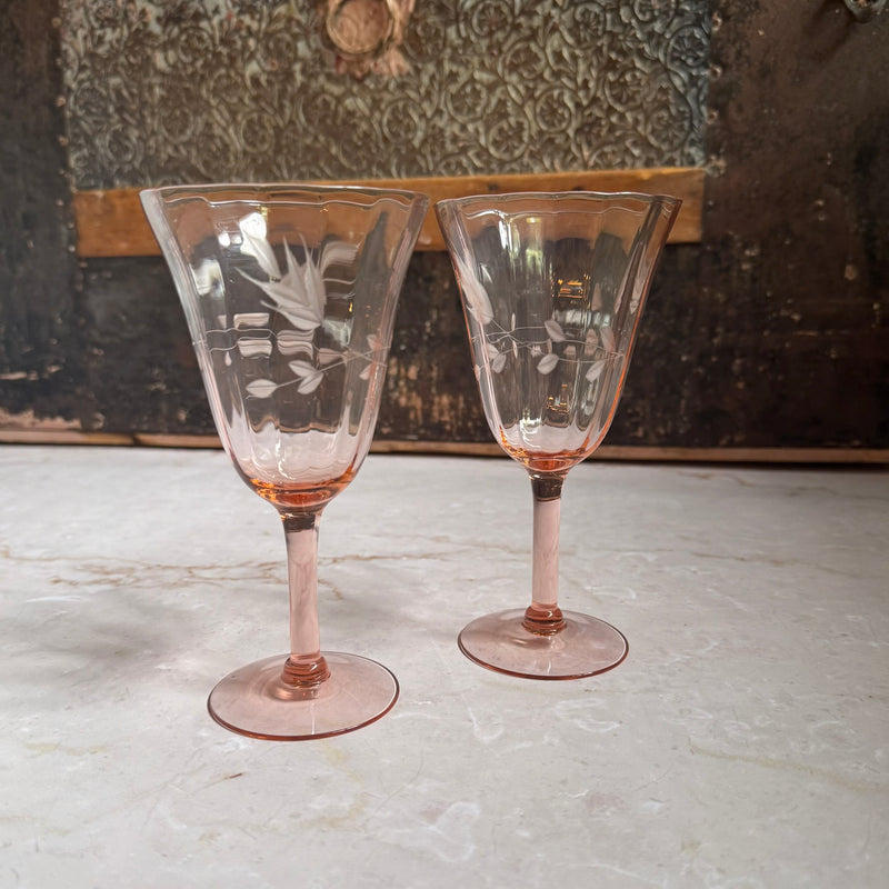 Vintage Etched Wine Glasses (2) | Pink Depression Glass